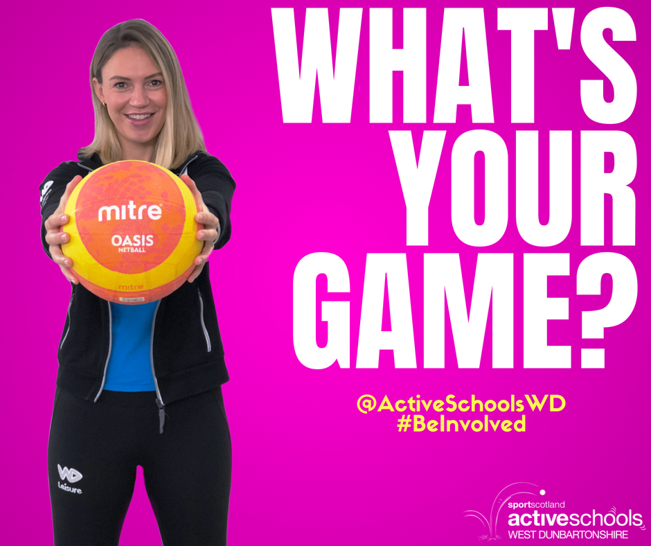 Whats your game? Active Schools advert - woman holding a netball in front of her