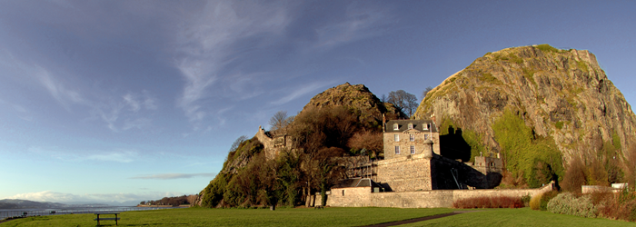 Photo of Dumbarton Castle with  blue sky over head with a few thin clouds