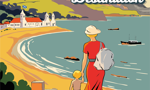 Illustration of a woman and child walking towards a beach with a building and a boat in the foreground