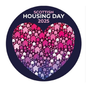 Scottish Housing Day 2025 logo: A heart shape composed of many small pink and purple houses and people icons.