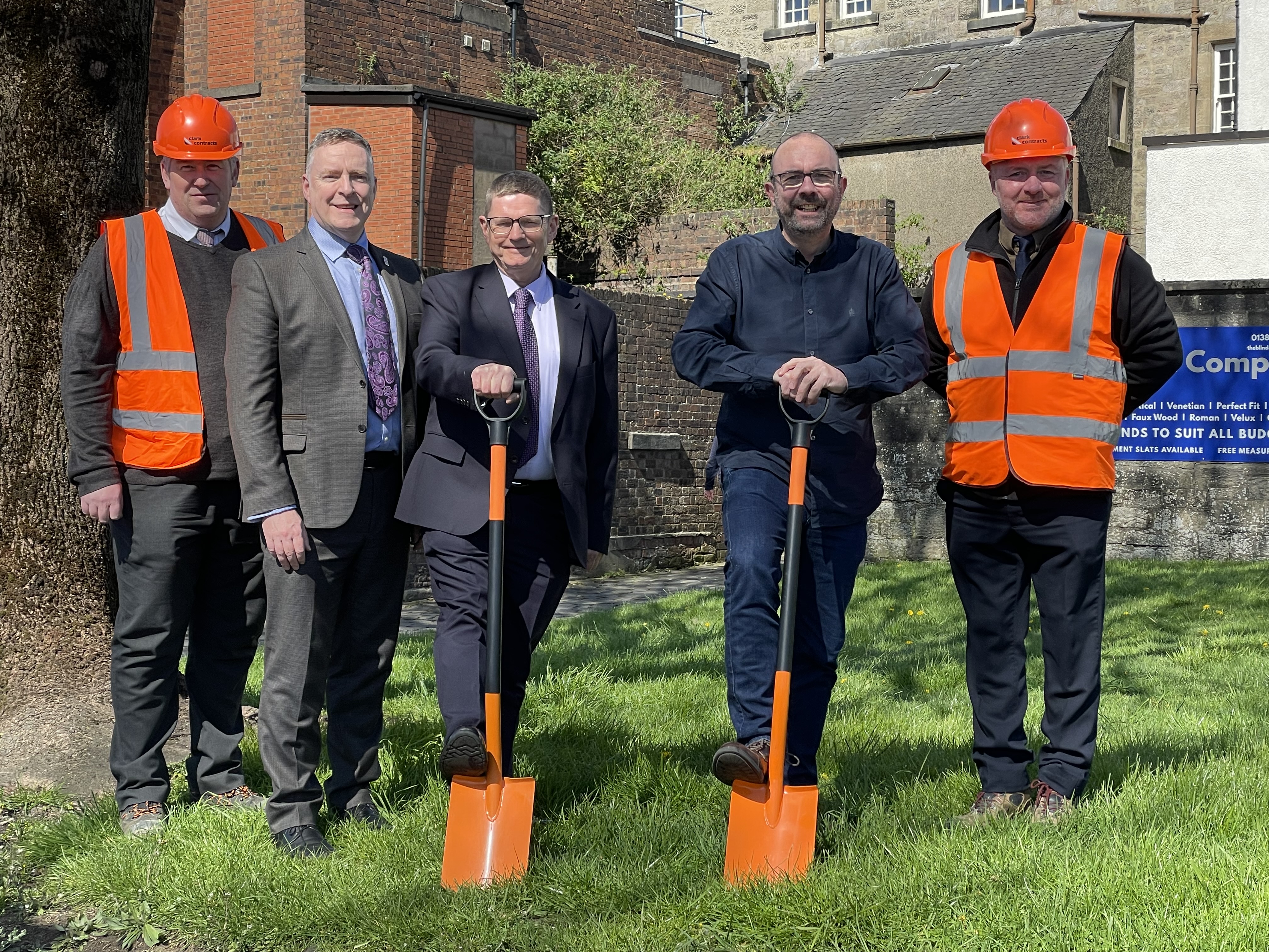 Glencairn House site works begin - Chief executive Peter Hesset, Councillor Mcbride and Martin Rooney and workers