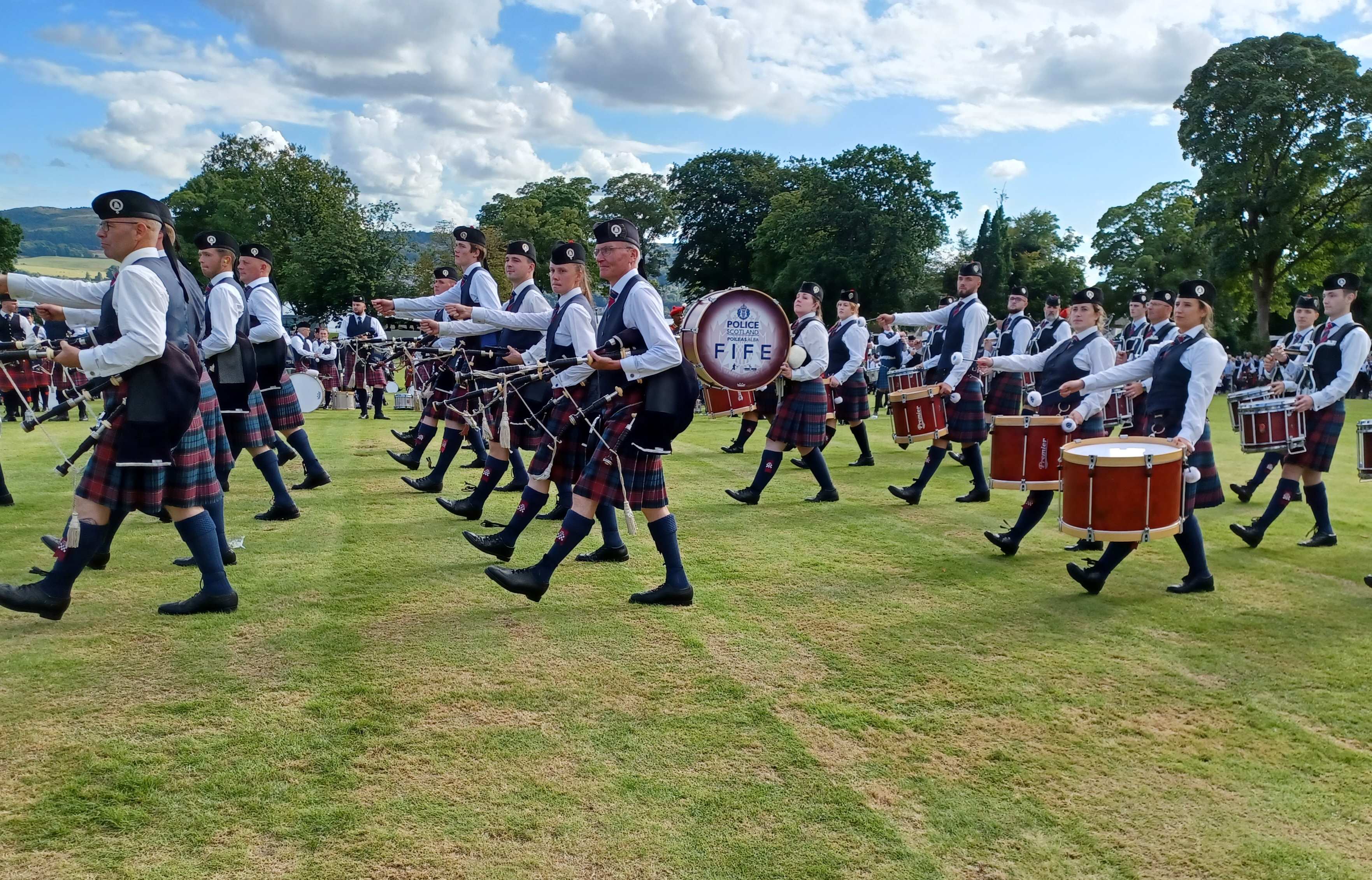 Police Scotland Fife pipe band marching at the Scottish Pipe Band Championships 2024