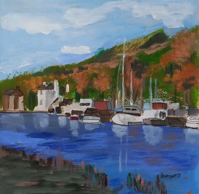Painting of river and boats