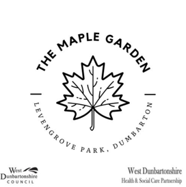 The Maple Garden logo - black outline of leaf with text around image