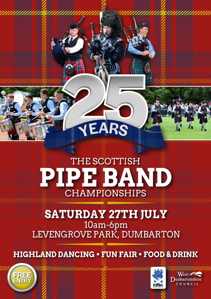 Flyer showing image of pipers with a tartan background